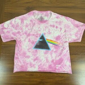 Pink Floyd Womens Pink Tie Dye Crop Top T Shirt 1973 Prism Graphic Band Tee Sz S